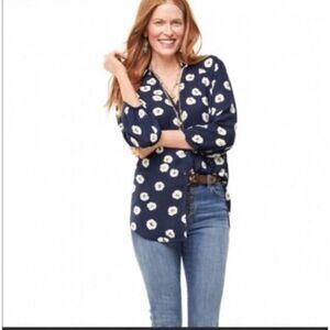 CAbi 5705 white poppies navy flowy button down XXS oversized shirt